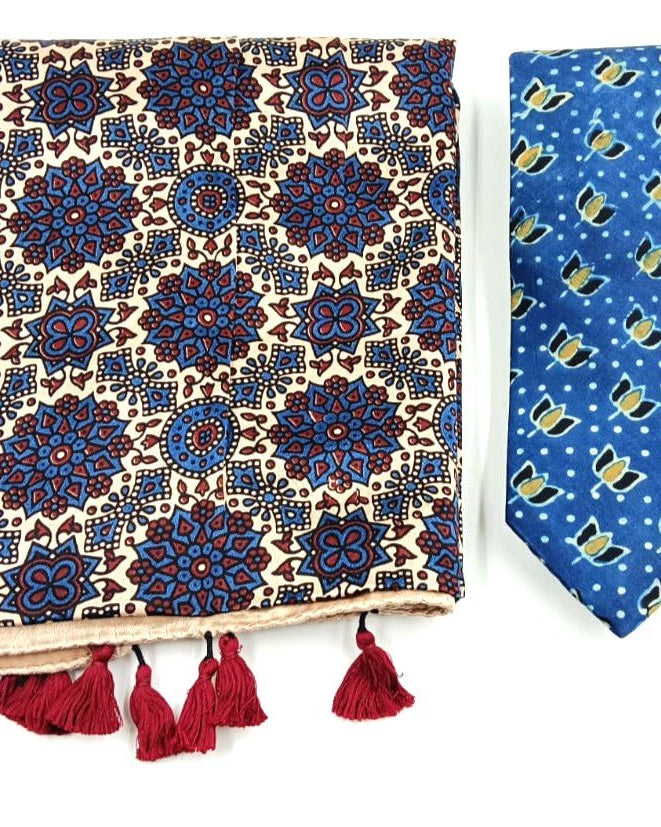 Ajrakh Silk Stole + Tie - Stoles - Indic Inspirations