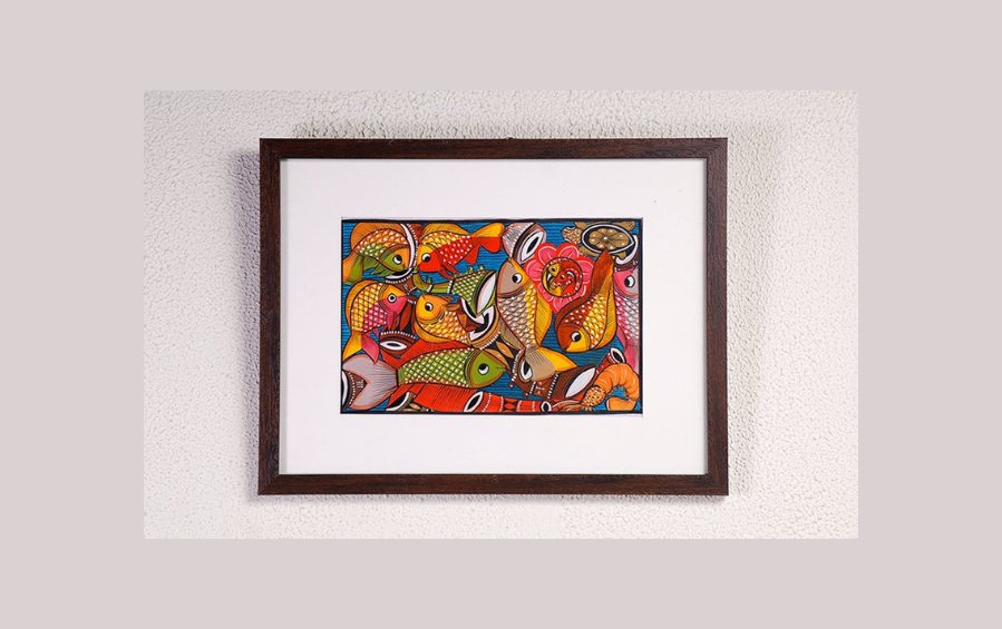Fish Marriage | Bengal Patachitra Painting | A4 Frame - paintings - Indic Inspirations