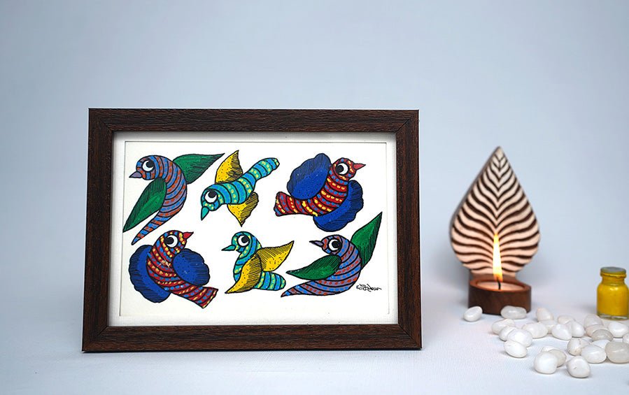 Birds | Gond Painting | A5 Frame - paintings - indic inspirations