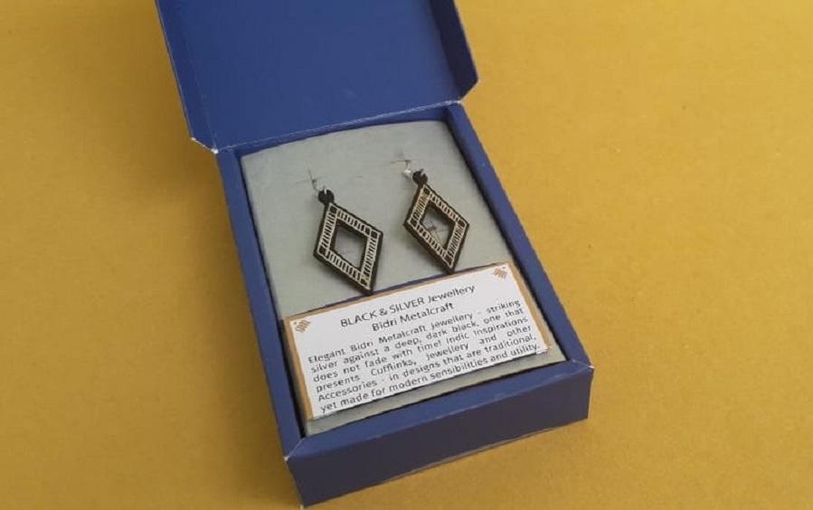 Black Silver Earrings with Bidri Work - Rhombus - Earrings - indic inspirations