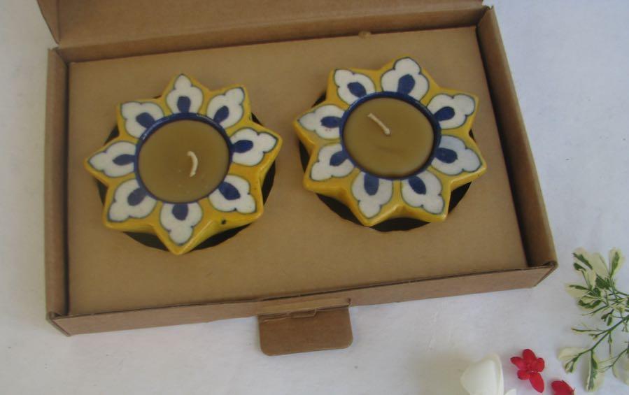 Blue Pottery Indic Diyas - Set of 2 - candle holders - indic inspirations