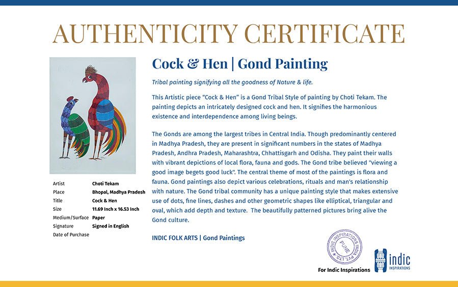 Cock & Hen | Gond Painting | A3 Frame - paintings - indic inspirations