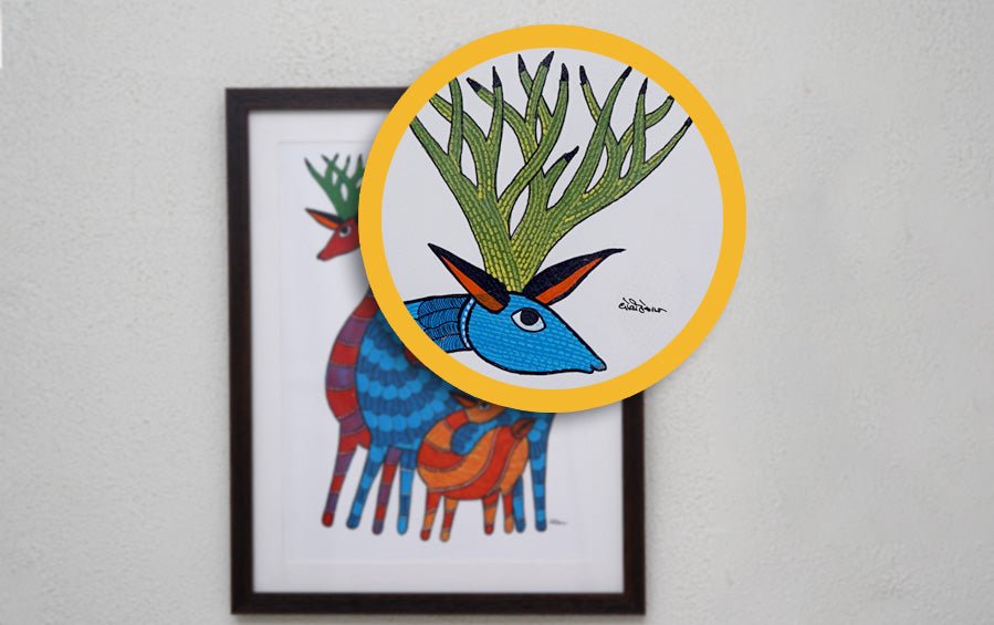 Deer | Gond Painting | A3 Frame - paintings - indic inspirations