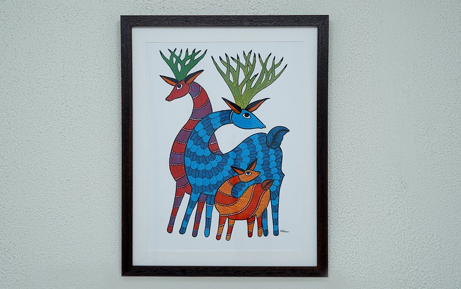 Deer | Gond Painting | A3 Frame - paintings - indic inspirations