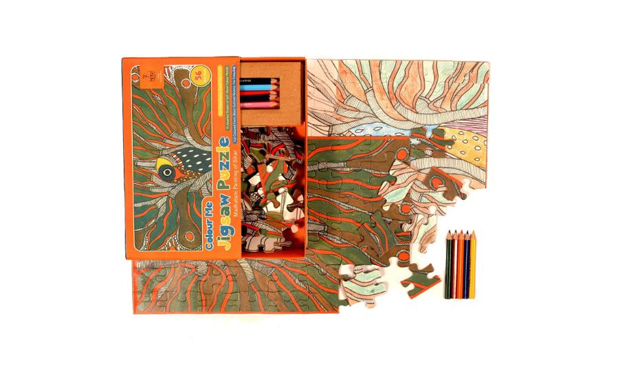 DIY Jigsaw Colouring Kit - Madhubani Painting of Bihar - Craft Kit - indic inspirations