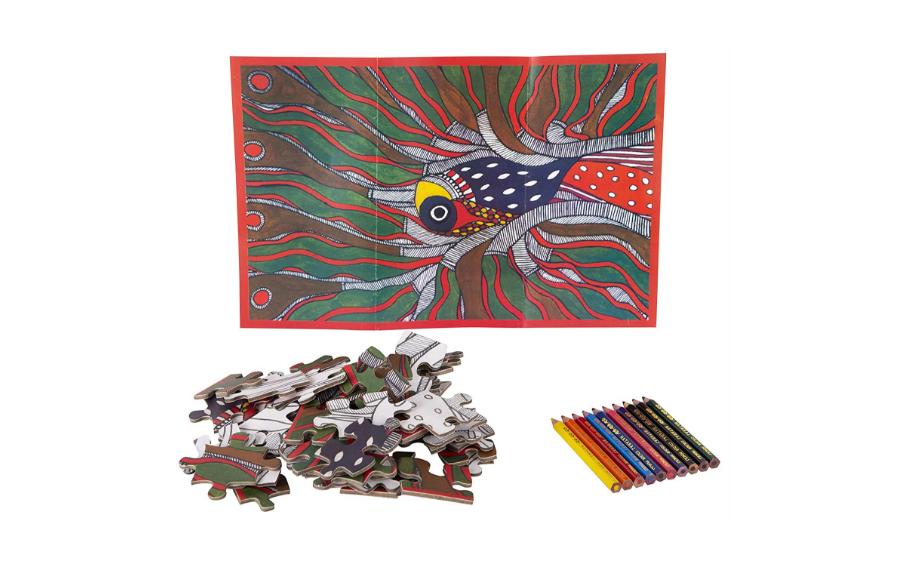 DIY Jigsaw Colouring Kit - Madhubani Painting of Bihar - Craft Kit - indic inspirations