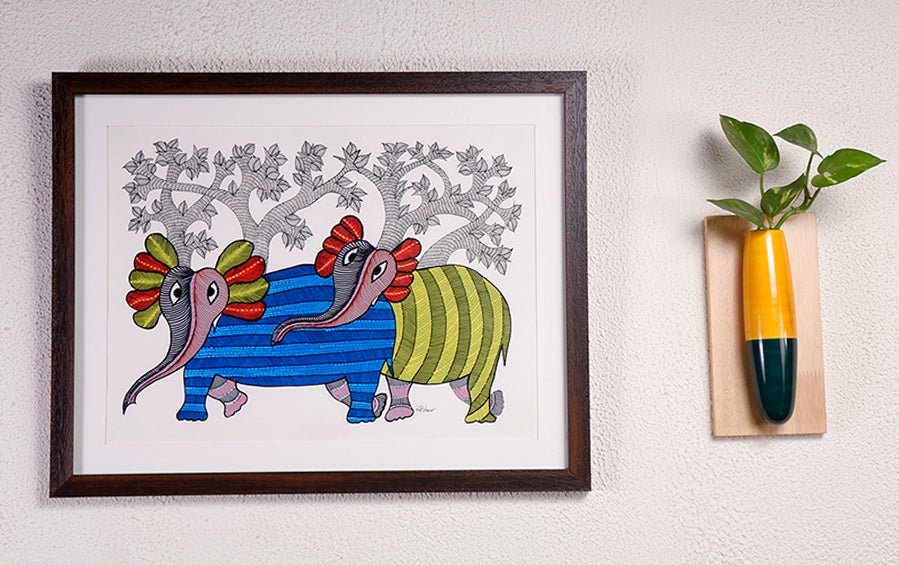 Elephant | Gond Painting | A3 Frame - paintings - indic inspirations