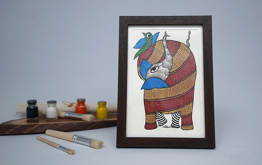 Elephant | Gond Painting | A5 Frame - paintings - indic inspirations
