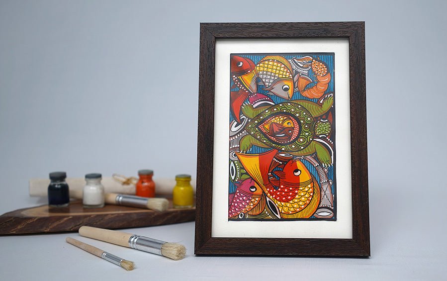 Fish Marriage | Bengal Patachitra Painting | A5 Frame - paintings - indic inspirations