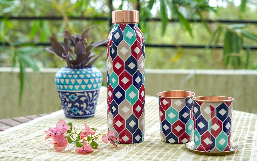 HOLISTIC LIVING | Copper Bottle & Glass - Water Bottle With Glass Sets - indic inspirations