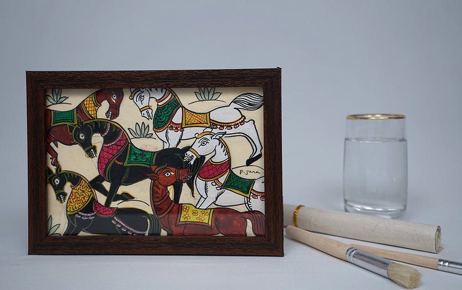 Horses | Odisha Pattachitra Painting | A5 Frame - paintings - indic inspirations