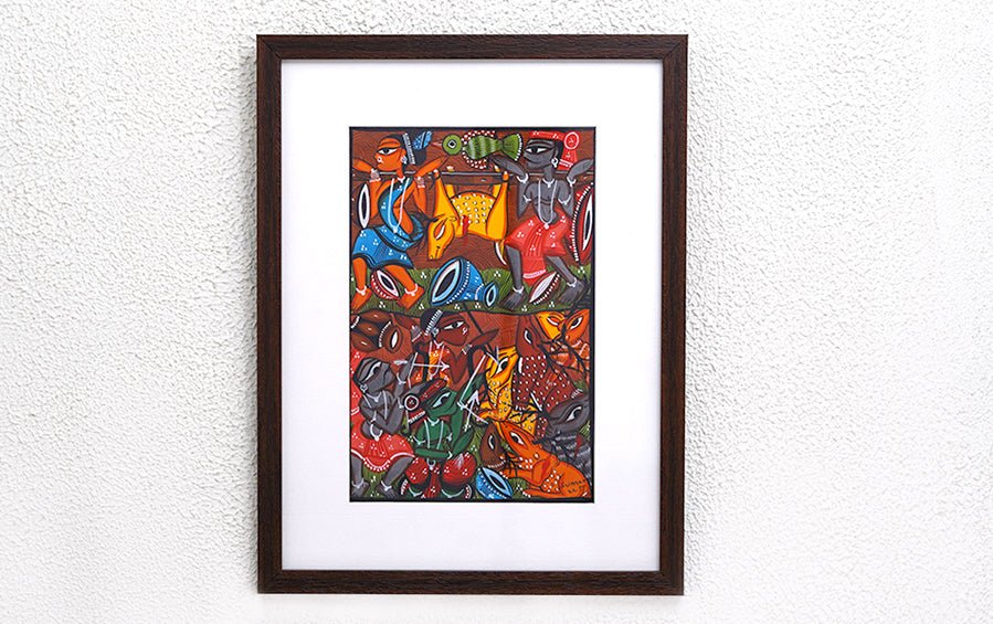 Hunting | Santhal Painting | A4 Frame - paintings - indic inspirations