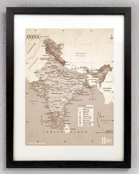 INDIA Map | Classical Sepia | A3 Frame - Wall Frames - indic inspirations
