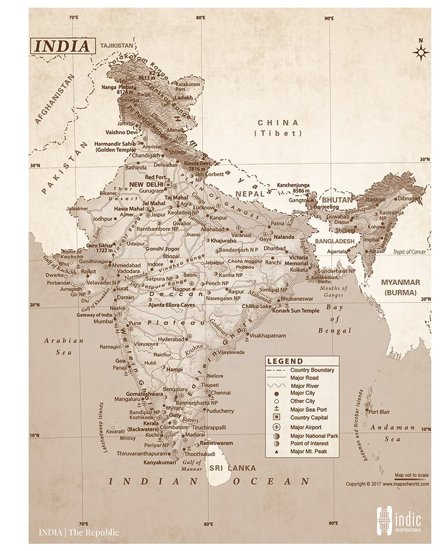 INDIA Map | Classical Sepia | A3 Frame - Wall Frames - indic inspirations