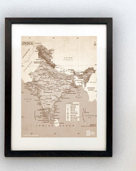 INDIA Map | Classical Sepia | A3 Frame - Wall Frames - indic inspirations