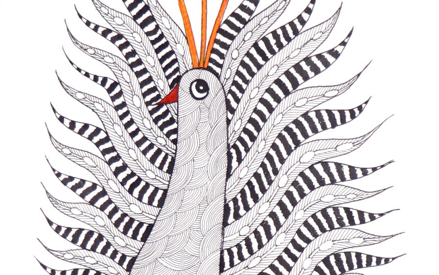 Majestic Peacock | Gond Painting | A3 Frame - paintings - indic inspirations