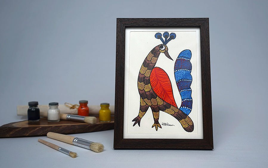 Majestic Peacock | Gond Painting | A5 Frame - paintings - indic inspirations
