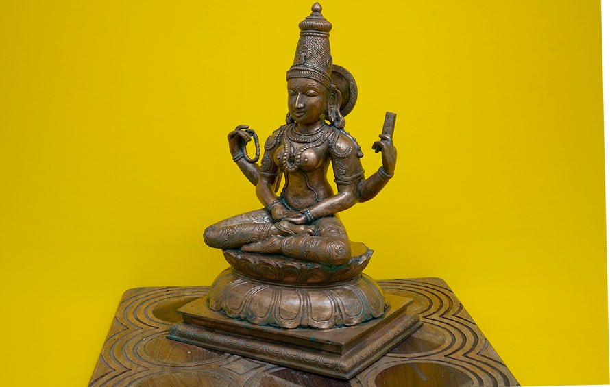 Meditating Saraswati - Chola Bronze Craft | 15” H - Sculptures - indic inspirations