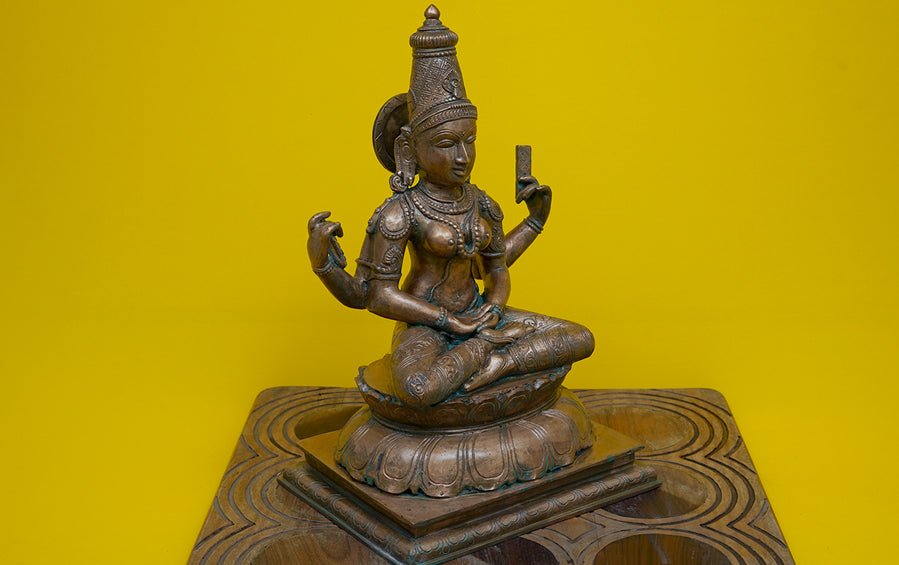 Meditating Saraswati - Chola Bronze Craft | 15” H - Sculptures - indic inspirations