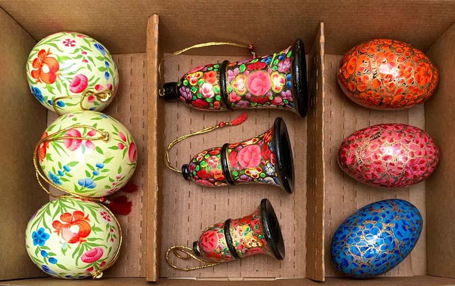 Paper Mache Decorative Balls, Bells & Eggs Set of 3 Each - Christmas Gift Sets - indic inspirations