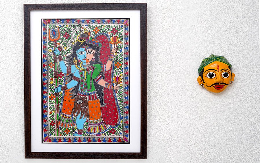 Shiva Ardhnarishwar | Madhubani Painting | A3 Frame - paintings - indic inspirations