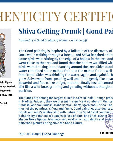 Shiva Getting Drunk # 1 | Gond Painting | A3 Frame - paintings - indic inspirations