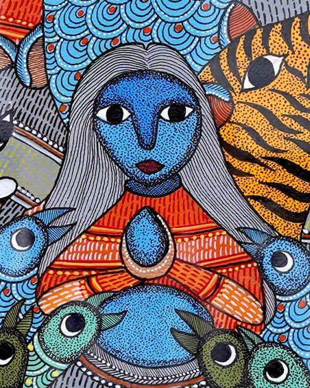 Shiva Getting Drunk # 1 | Gond Painting | A3 Frame - paintings - indic inspirations