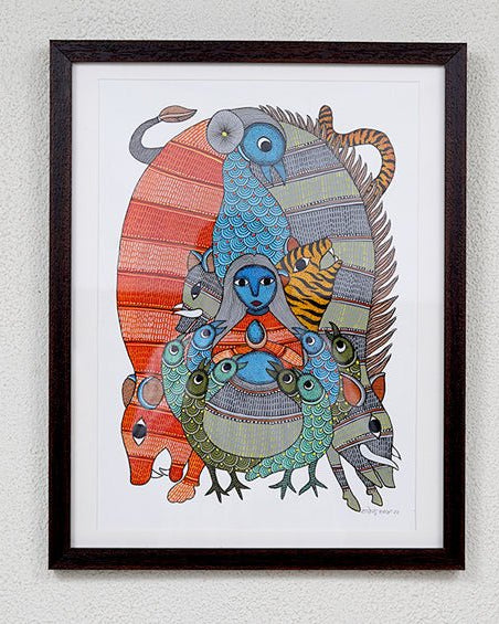 Shiva Getting Drunk | Gond Painting | A3 Frame - paintings - indic inspirations