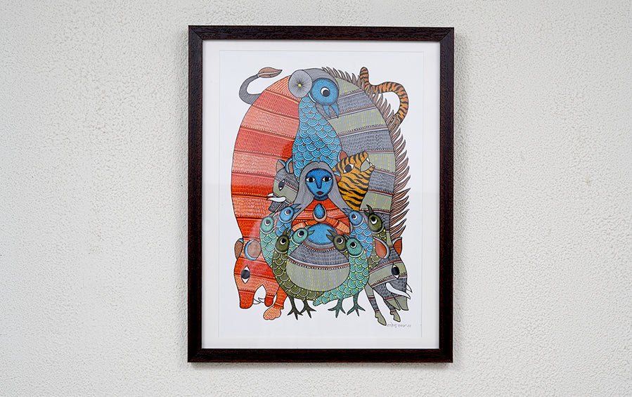 Shiva Getting Drunk | Gond Painting | A3 Frame - paintings - indic inspirations