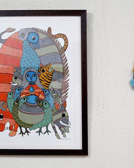 Shiva Getting Drunk | Gond Painting | A3 Frame - paintings - indic inspirations