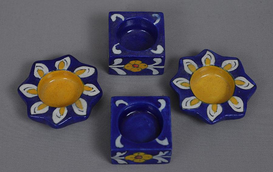 Square + 8 Petals Blue Pottery Diyas - Set of 4 - Diyas - indic inspirations