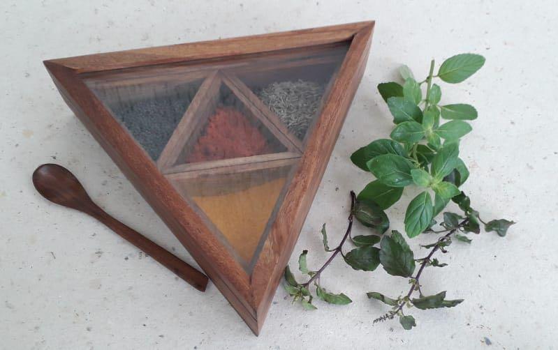 Triangular Wooden Spice Box - Boxes - indic inspirations