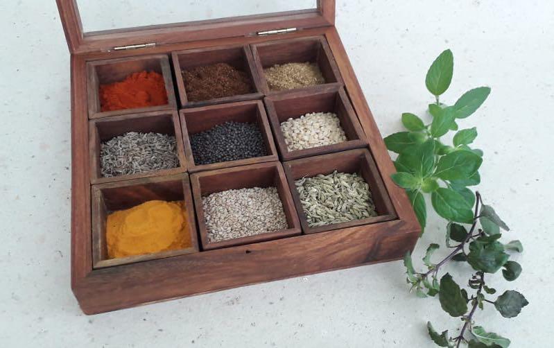 Wooden 9 Chambers Spice Box - Boxes - indic inspirations