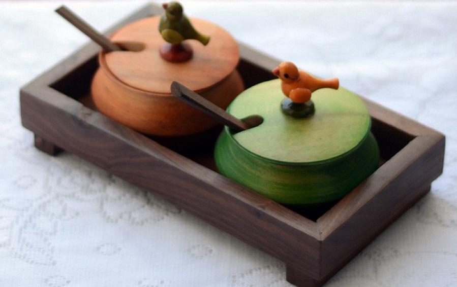 Wooden Parrot Jar Set - servers - indic inspirations