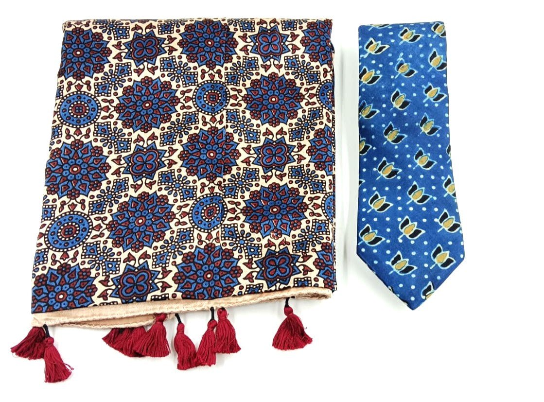 Ajrakh Silk Stole + Tie - Stoles - Indic Inspirations