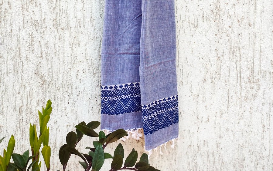 Assam Cotton Stole - Blue - Stoles - indic inspirations
