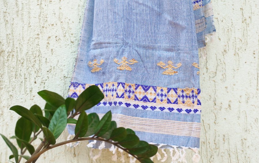 Assam Cotton Stole - Blue & Yellow - Stoles - indic inspirations