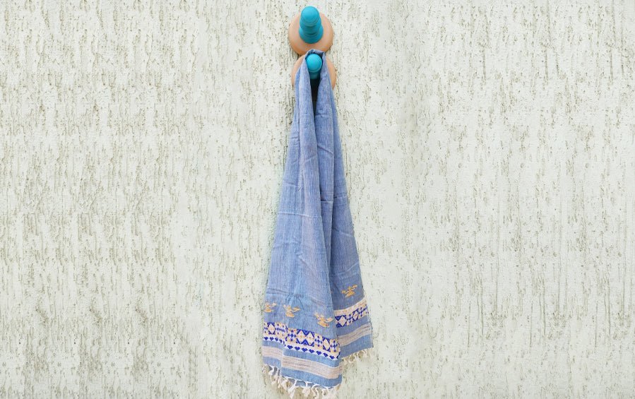 Assam Cotton Stole - Blue & Yellow - Stoles - indic inspirations