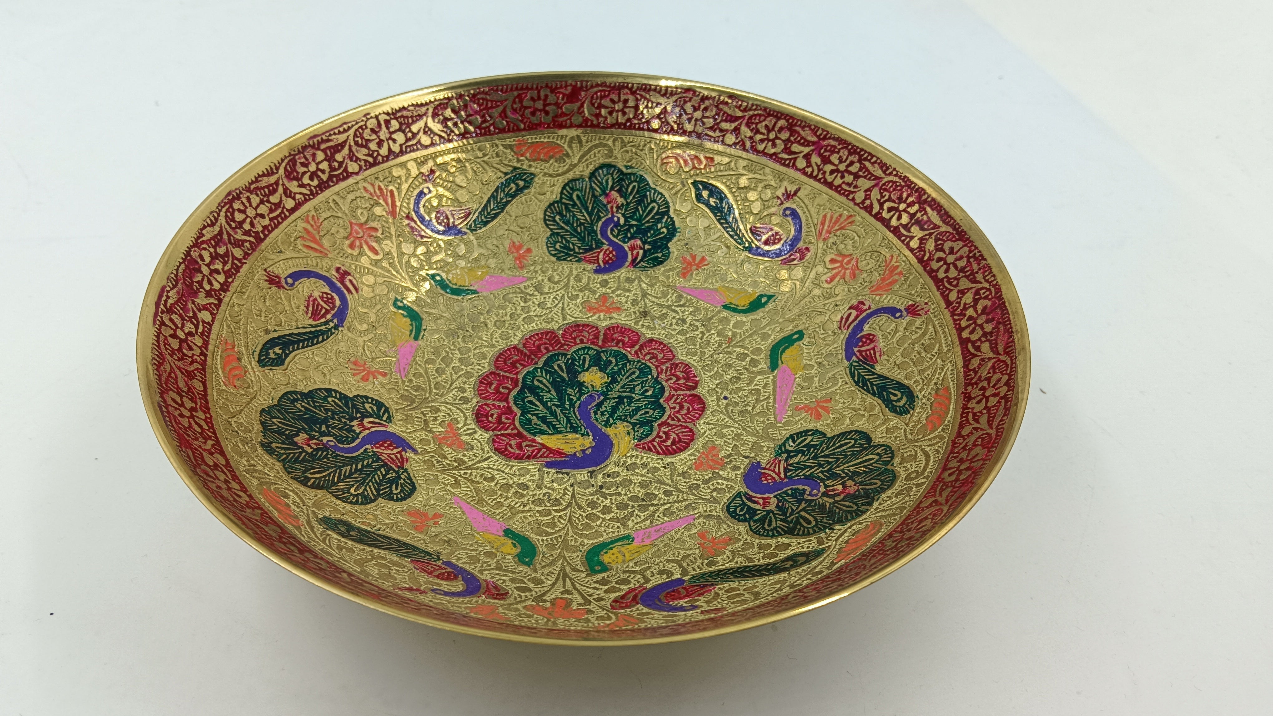 Meenakari Brass Plate With Peacock Design - Wall plates - Indic Inspirations