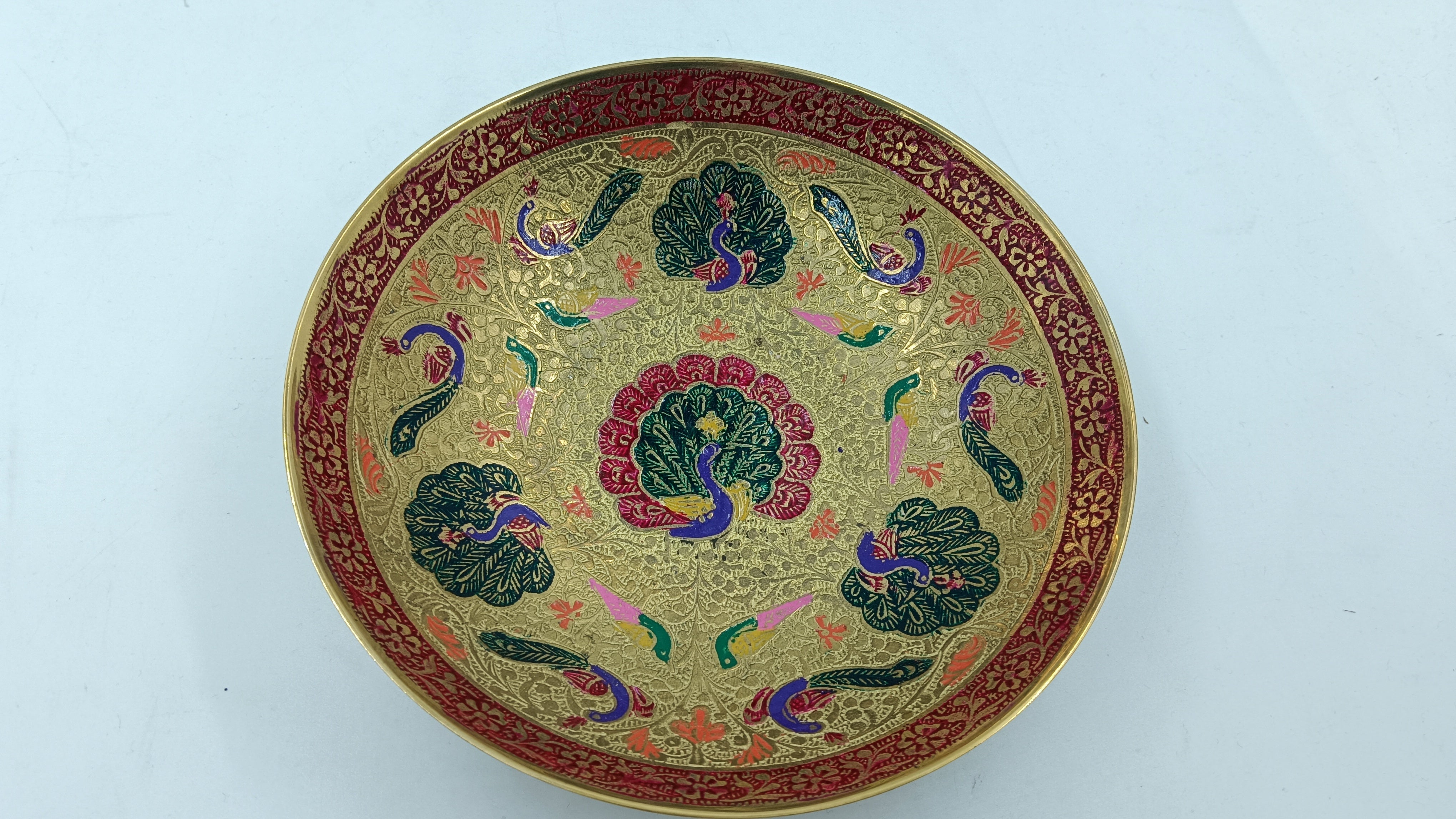 Meenakari Brass Plate With Peacock Design - Wall plates - Indic Inspirations