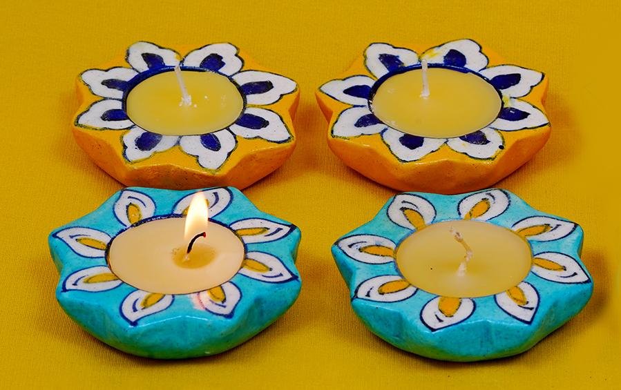 8 Petals Blue Pottery Diyas - Set of 4 - Diyas - indic inspirations