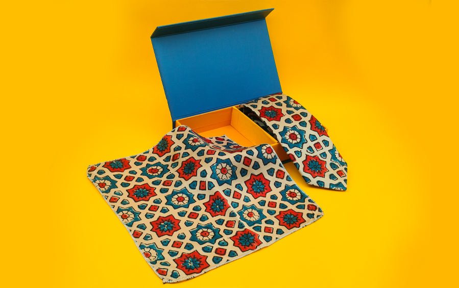 AJRAKH PRINT- SILK TIE WITH POCKET SQUARE BEIGE - Necktie with pocket square gift set - indic inspirations