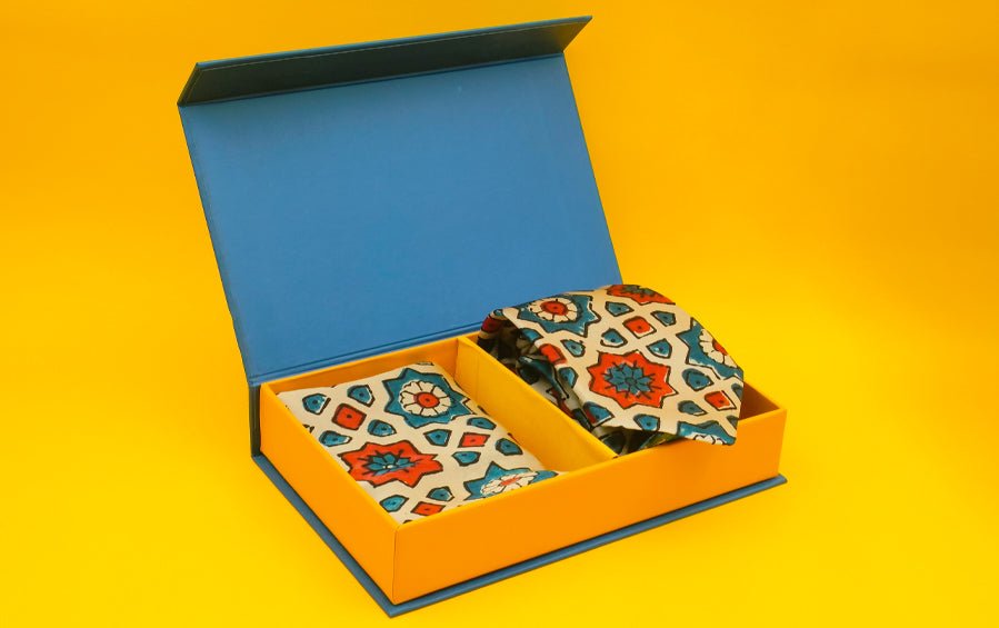 AJRAKH PRINT- SILK TIE WITH POCKET SQUARE BEIGE - Necktie with pocket square gift set - indic inspirations