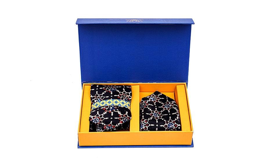 AJRAKH PRINT- SILK TIE WITH POCKET SQUARE BLACK - Necktie with pocket square gift set - indic inspirations