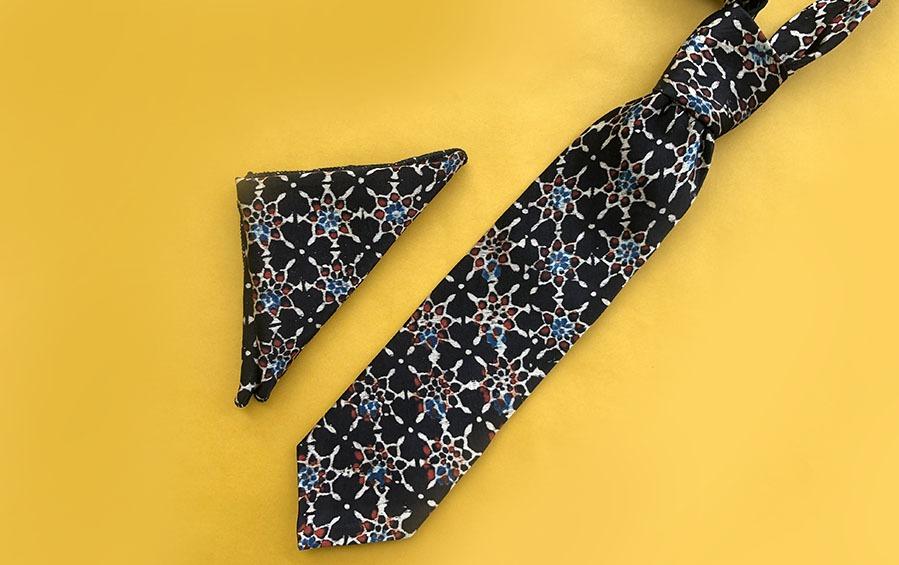 AJRAKH PRINT- SILK TIE WITH POCKET SQUARE BLACK - Necktie with pocket square gift set - indic inspirations