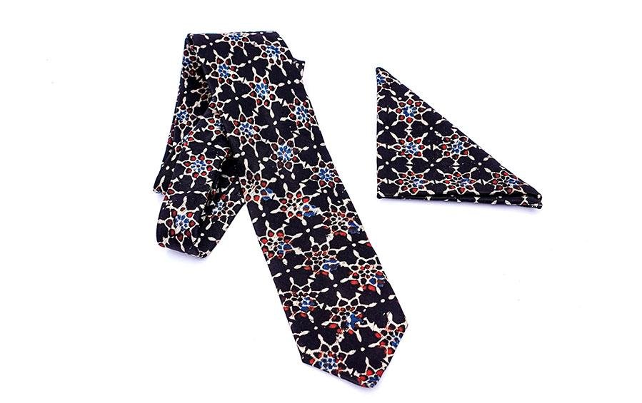 AJRAKH PRINT- SILK TIE WITH POCKET SQUARE BLACK - Necktie with pocket square gift set - indic inspirations