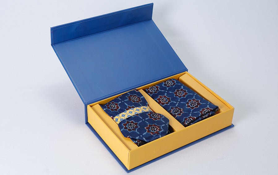 AJRAKH PRINT- SILK TIE WITH POCKET SQUARE BLUE - Necktie with pocket square gift set - indic inspirations