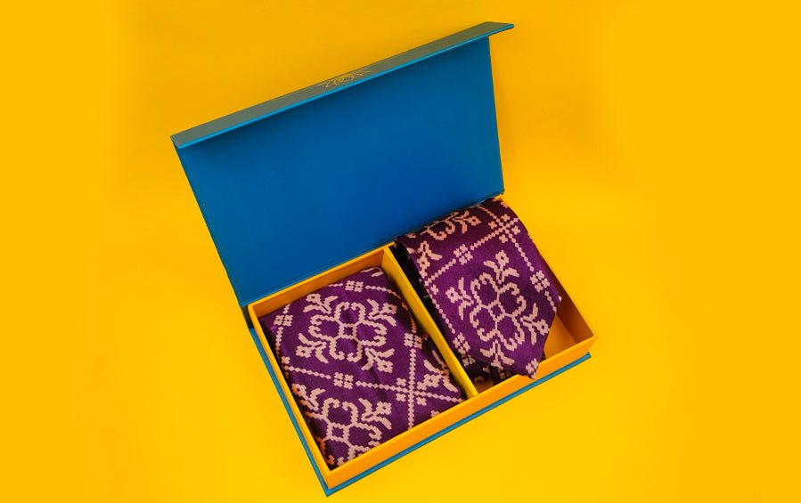 AJRAKH PRINT- SILK TIE WITH POCKET SQUARE PURPLE - Necktie with pocket square gift set - indic inspirations