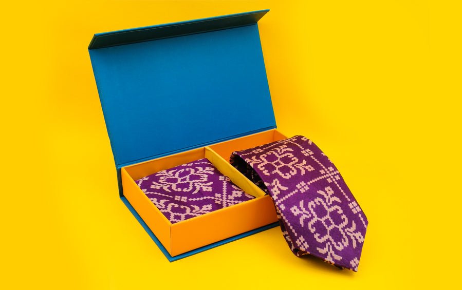 AJRAKH PRINT- SILK TIE WITH POCKET SQUARE PURPLE - Necktie with pocket square gift set - indic inspirations