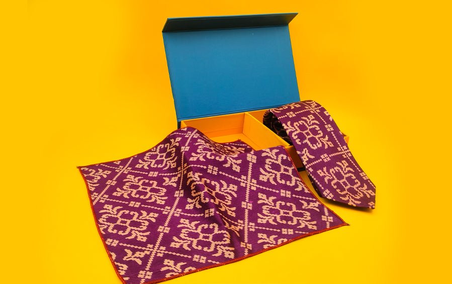 AJRAKH PRINT- SILK TIE WITH POCKET SQUARE PURPLE - Necktie with pocket square gift set - indic inspirations